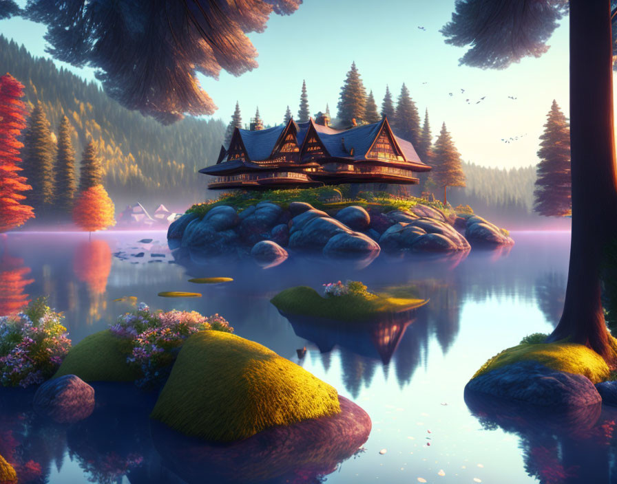 Digital artwork: Traditional house on rocks by tranquil lake at sunset