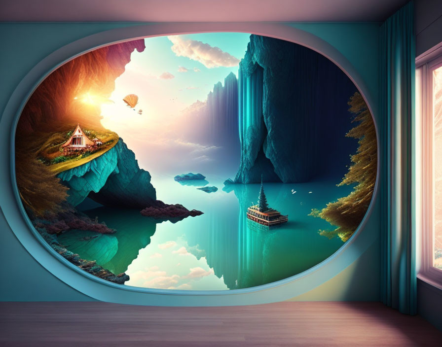 Circular Surreal Window Overlooking Fantastical Landscape