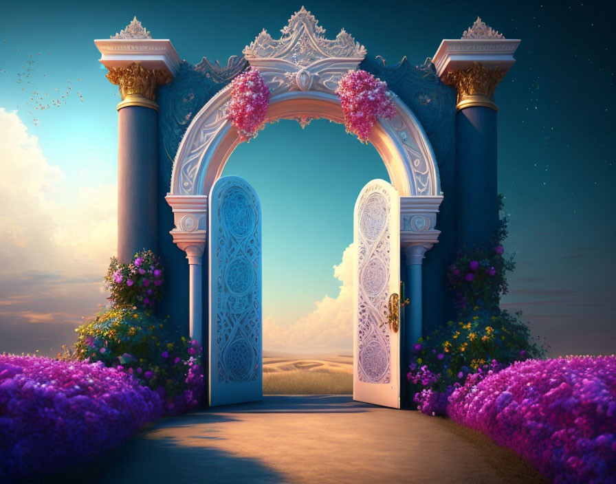 Intricate blue doors and lush purple flowers in whimsical desert landscape