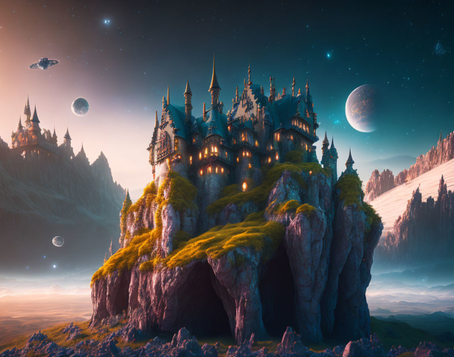 Enchanting castle on rocky outcrop under twilight sky