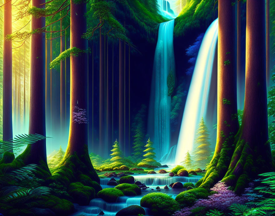 Lush forest scene with waterfall, moss-covered stones, and sunlight beams