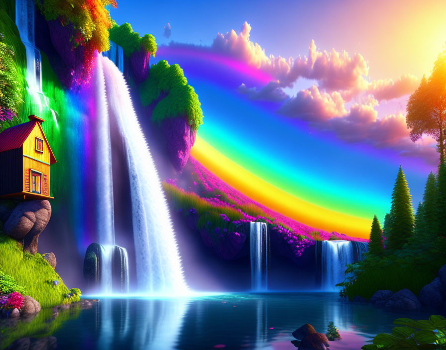 Colorful Fantasy Landscape with Waterfall, Rainbow, and Cabin