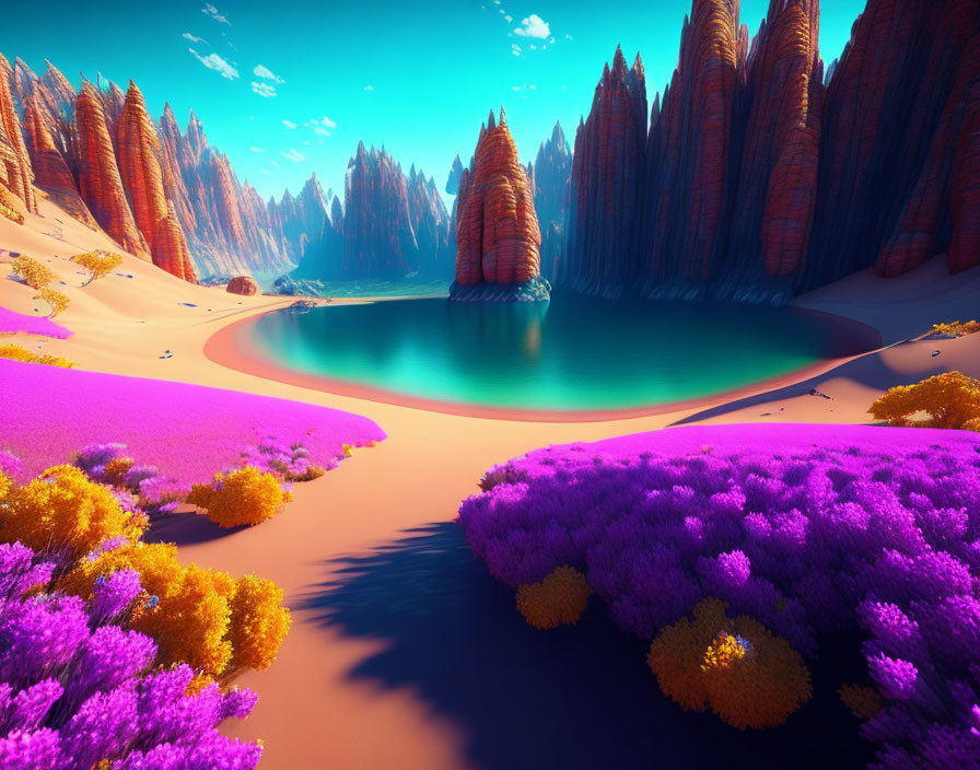 Surreal landscape with turquoise lake, red rock formations, purple sand dunes, and colorful flora