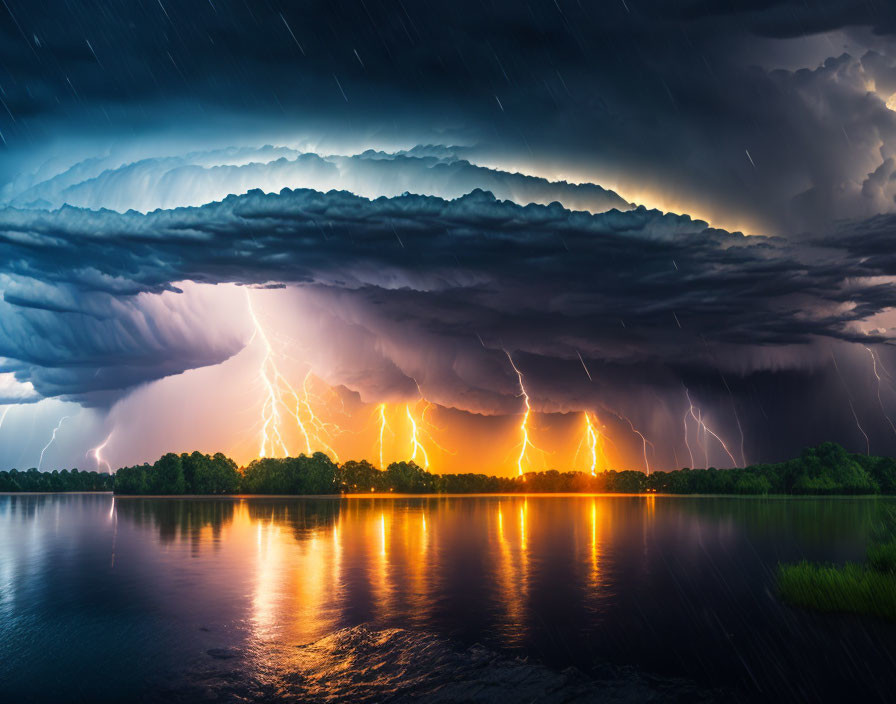 Intense lightning storm over calm lake at night