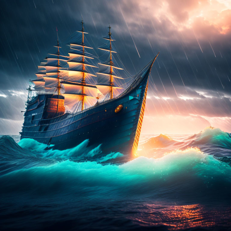 Tall ship sailing through stormy sea with glowing waves