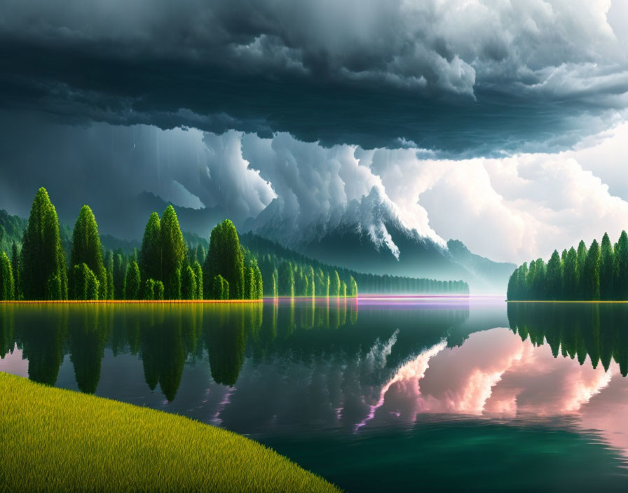 Serene lake with forest, mountains, stormy sky, and sunlight.