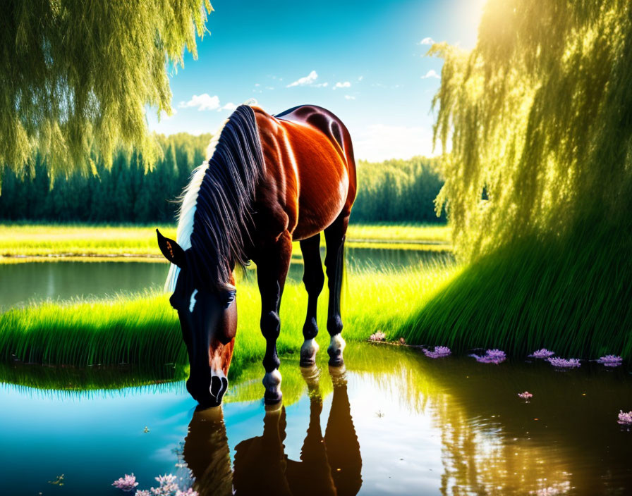 Horse drinking at serene lake in lush green setting