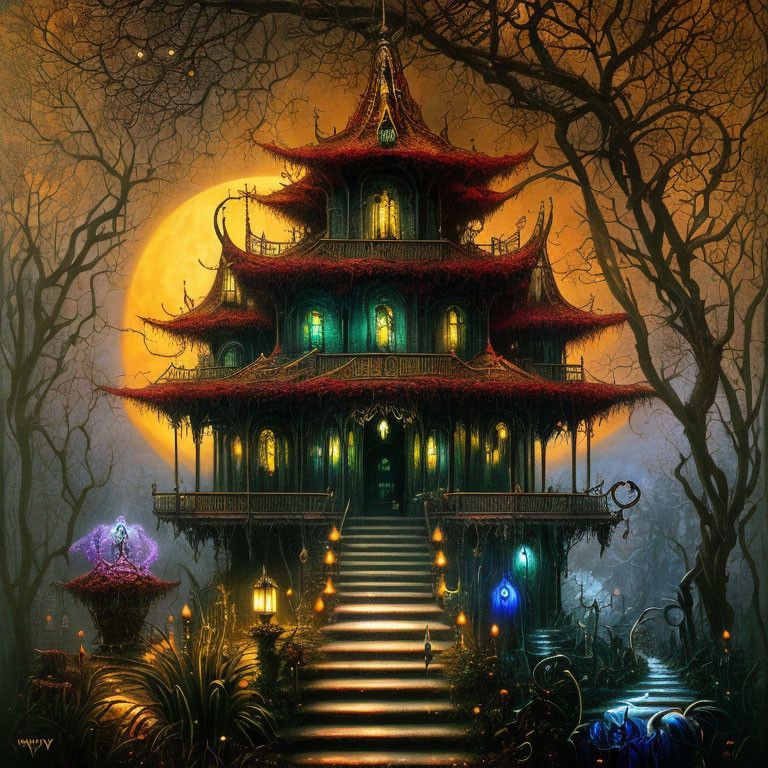 Asian-style Pagoda with Multiple Tiers in Misty Woods at Night