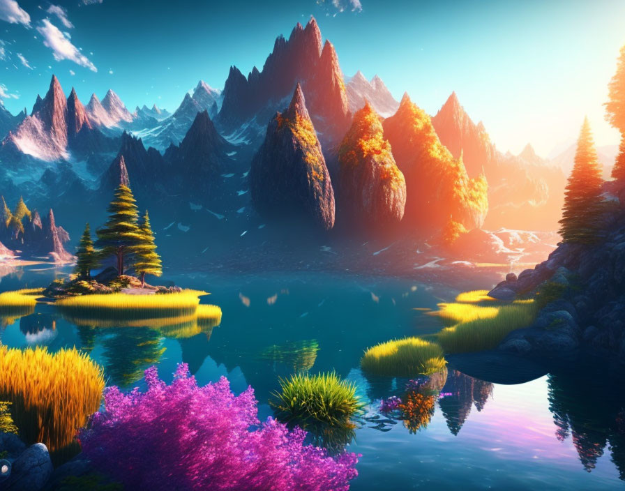 Colorful Trees and Majestic Mountains Surround Serene Lake