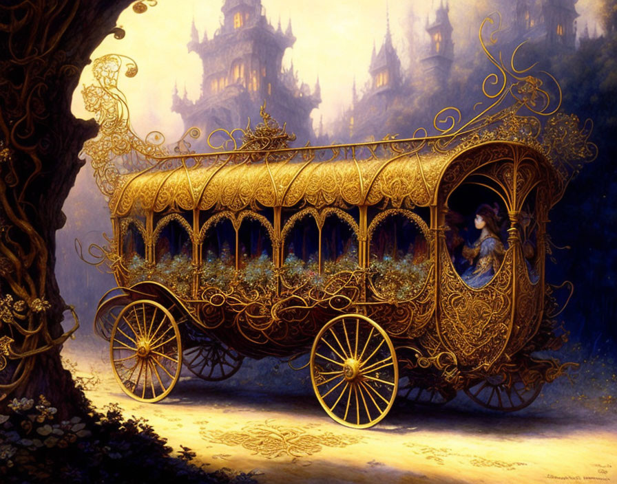 Golden Carriage with Woman Silhouette in Enchanted Forest