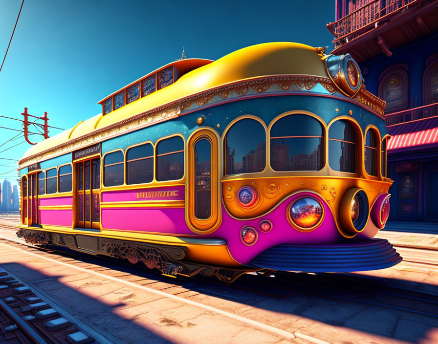 Colorful tram with ornate designs in city setting