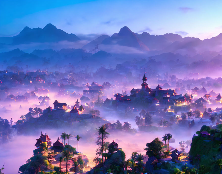 Traditional village nestled in forested hills under purple sky