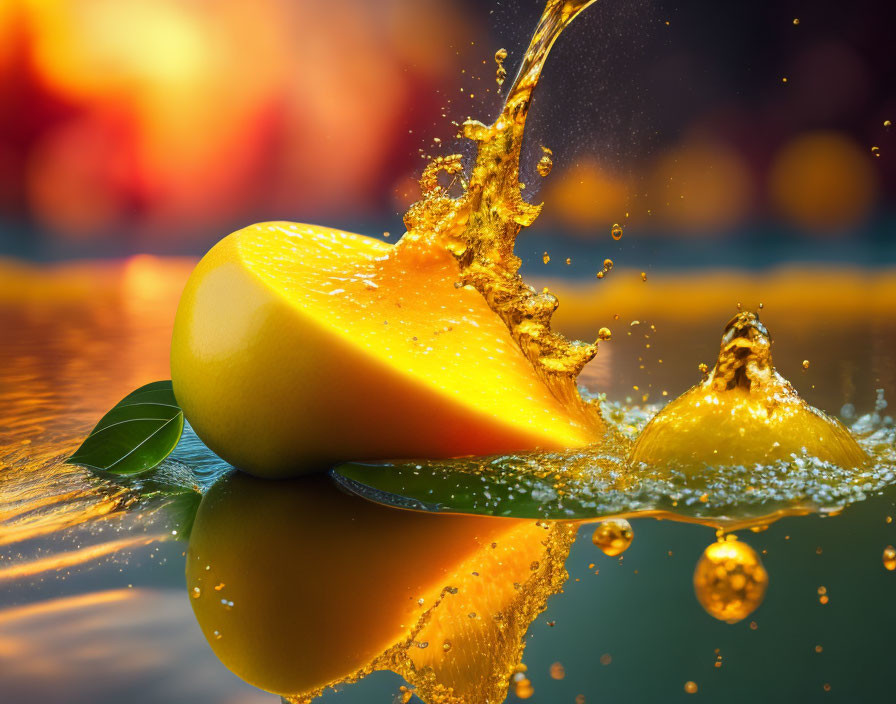 Ripe mango slice with juice on vibrant background