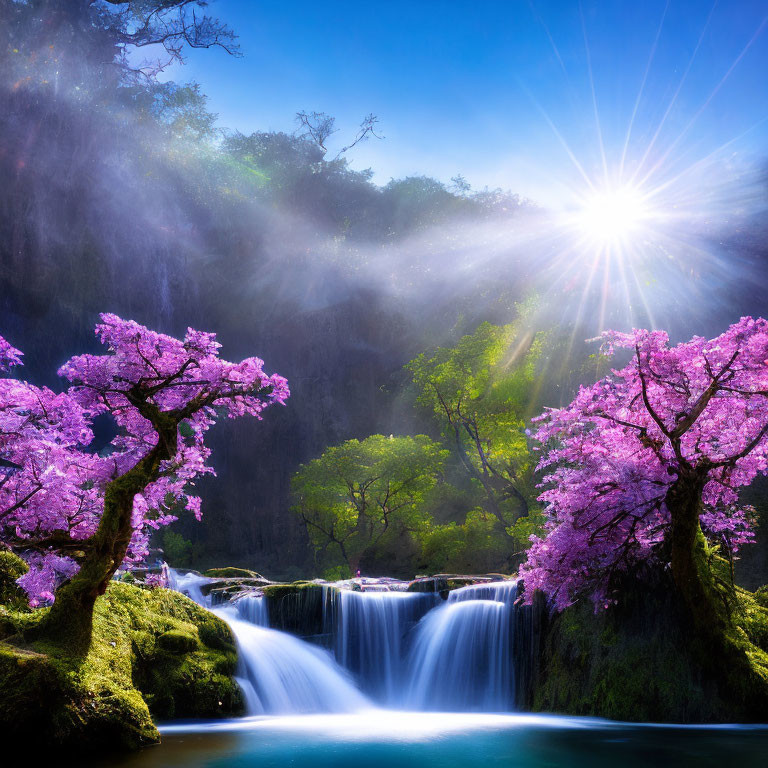 Sunburst through trees above waterfall with pink cherry blossoms.