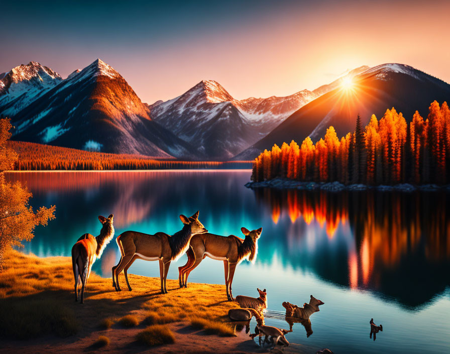 Tranquil mountain lake at sunset with deer family and autumn trees