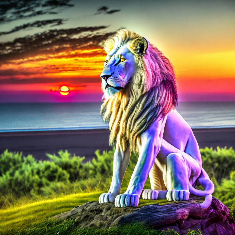 Vibrant lion with blue and white mane in ocean sunset scene