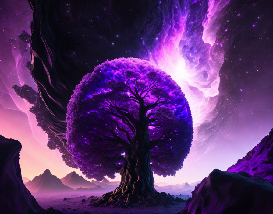 Majestic purple tree under cosmic sky with nebulae on alien planet