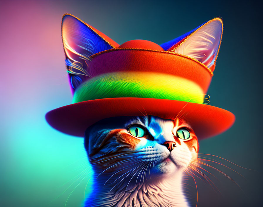 Colorful Cat with Rainbow Hat on Multicolored Background