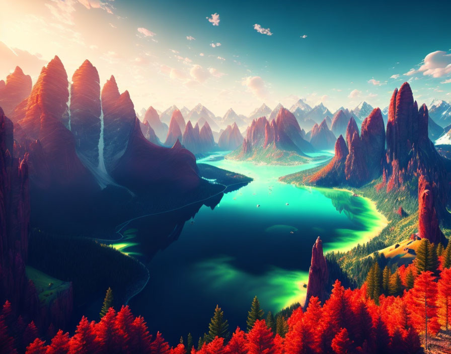 Vibrant digital art landscape with mountains, river, foliage