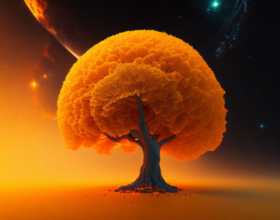 Digital art: Massive tree structure with orange canopy in cosmic setting