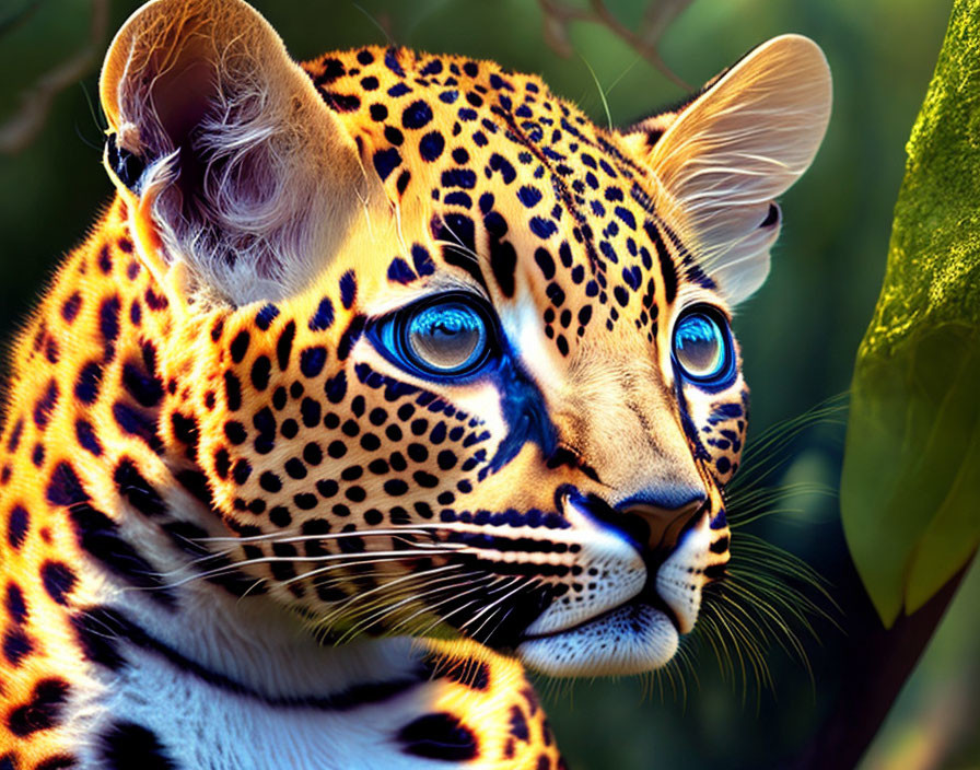 Detailed Image: Jaguar with Vibrant Spots and Blue Eyes in Lush Setting