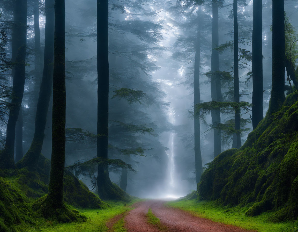 Misty forest path with moss-covered trees under soft glowing light