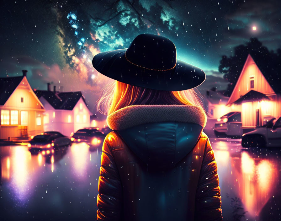 Person in hat and jacket gazes at starlit sky above houses with reflections