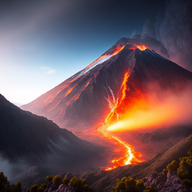 Erupting volcano with flowing lava against twilight sky