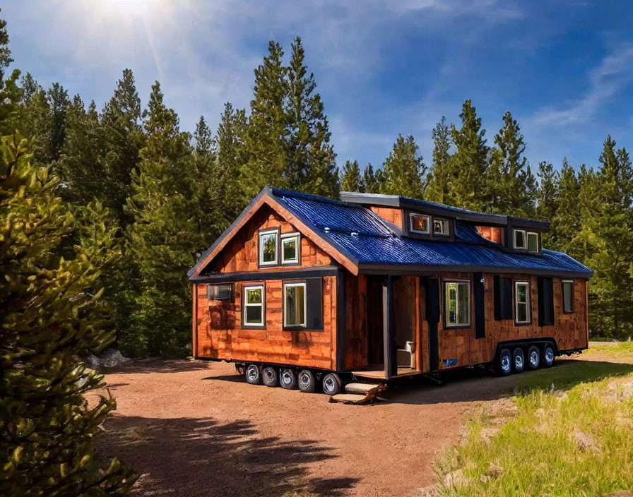 Compact Tiny House with Blue Roof in Sunny Forest Clearing