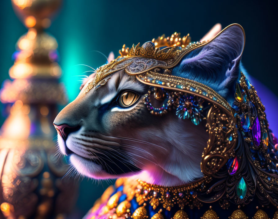 Regal cat digital artwork with gold jewelry and headdress on blue background