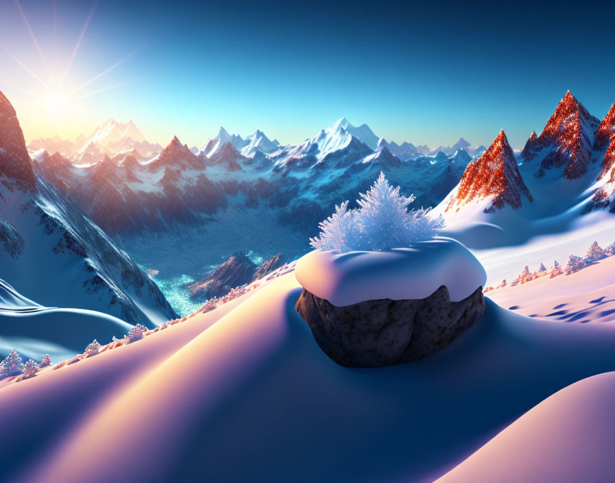 Snowy mountain landscape at sunrise with frost-covered rock.