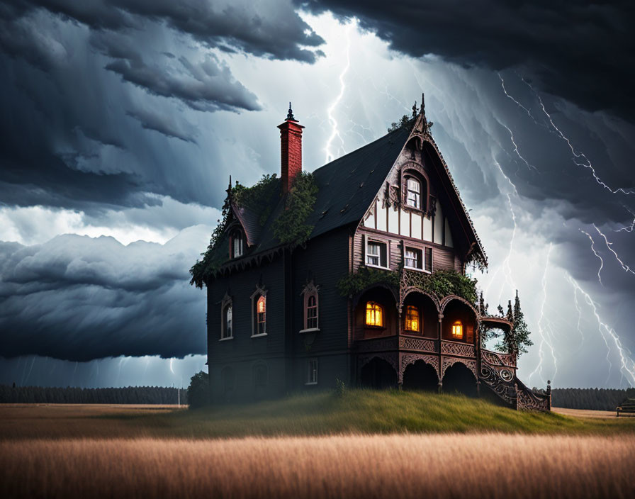 Gothic house with illuminated windows under stormy sky