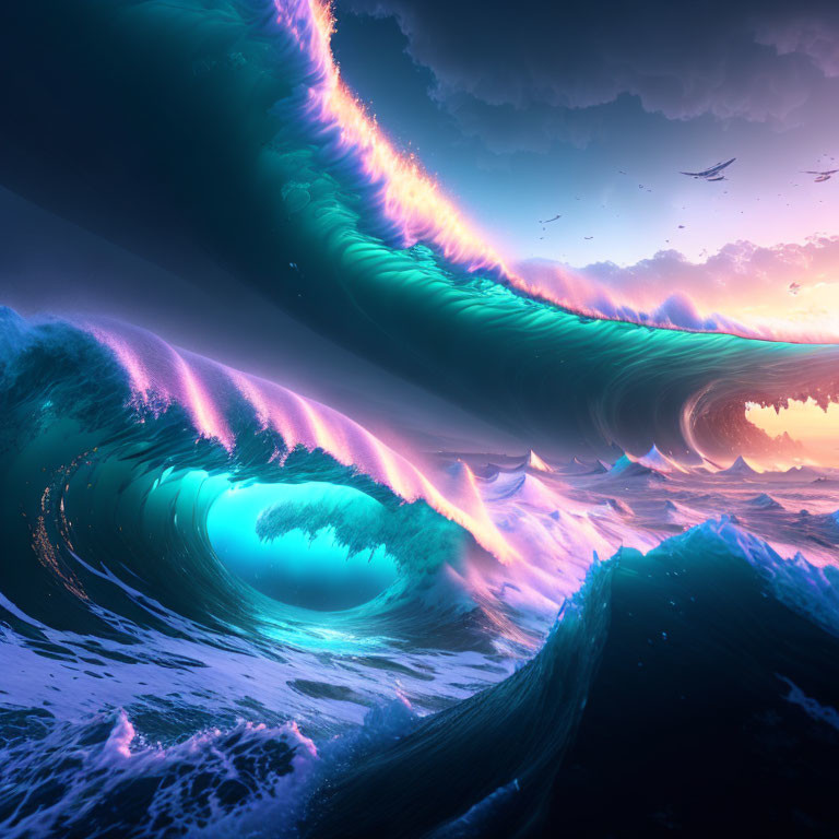 Surreal neon-lit seascape with curling waves and stormy sky