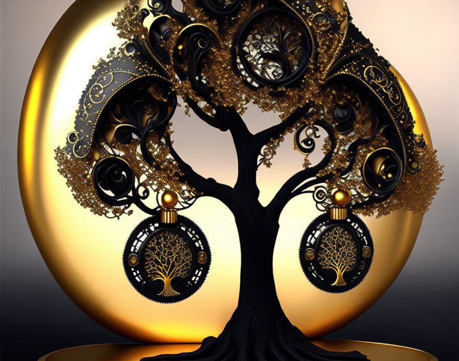 Fractal-inspired tree with clock elements on golden circular backdrop