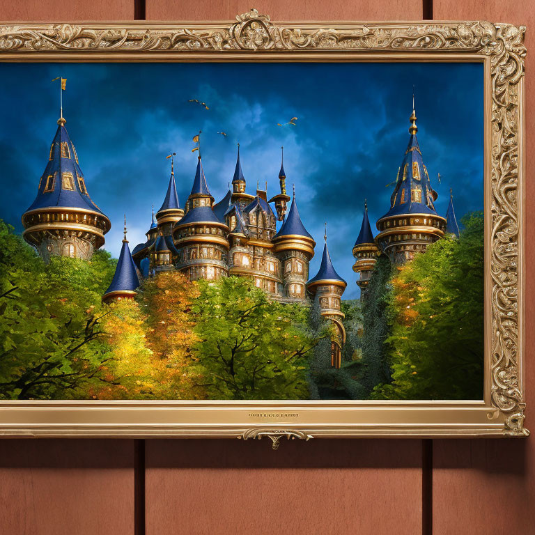 Framed fairy tale castle painting on red wall with lush greenery