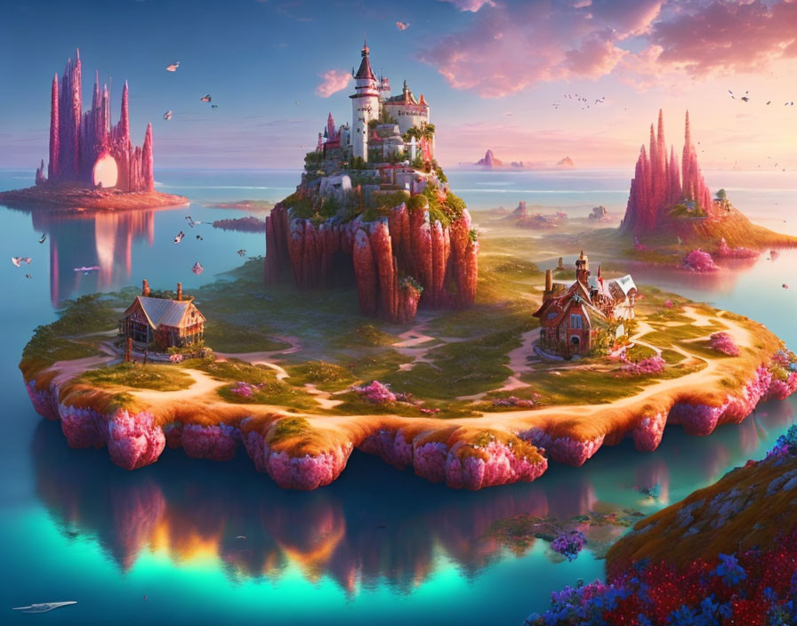 Vibrant castle on floating islands in fantastical landscape