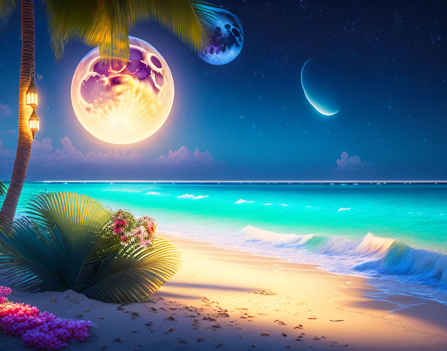 Surreal beach scene at night: large moon, vibrant flowers, glowing ocean waves