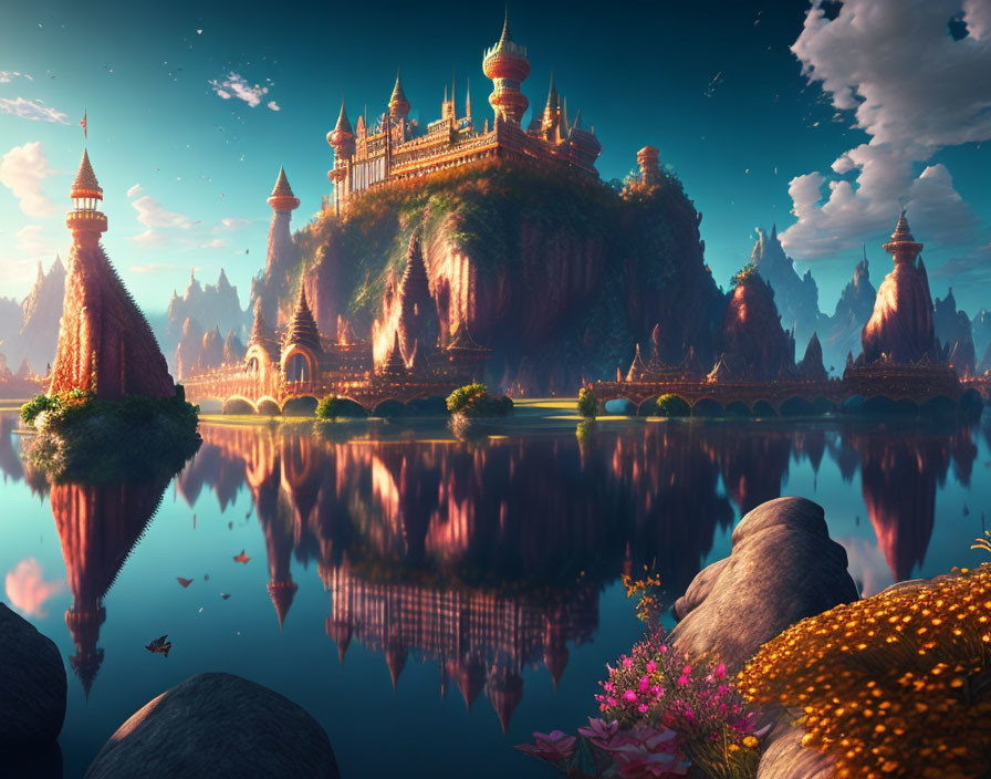 Fantasy castle with spires on lush island at dusk