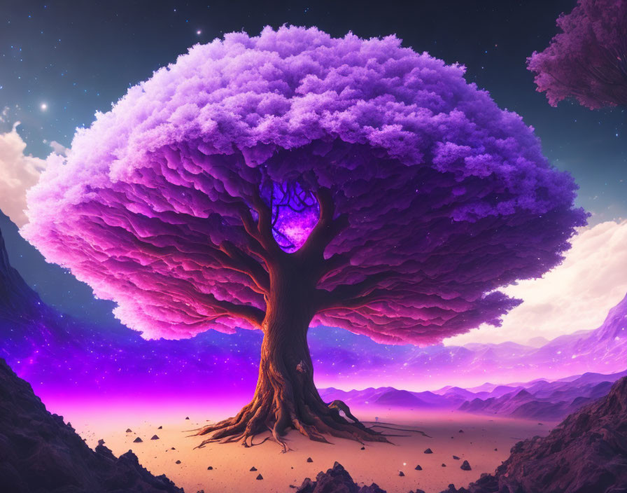 Giant purple tree under starry sky in alien landscape