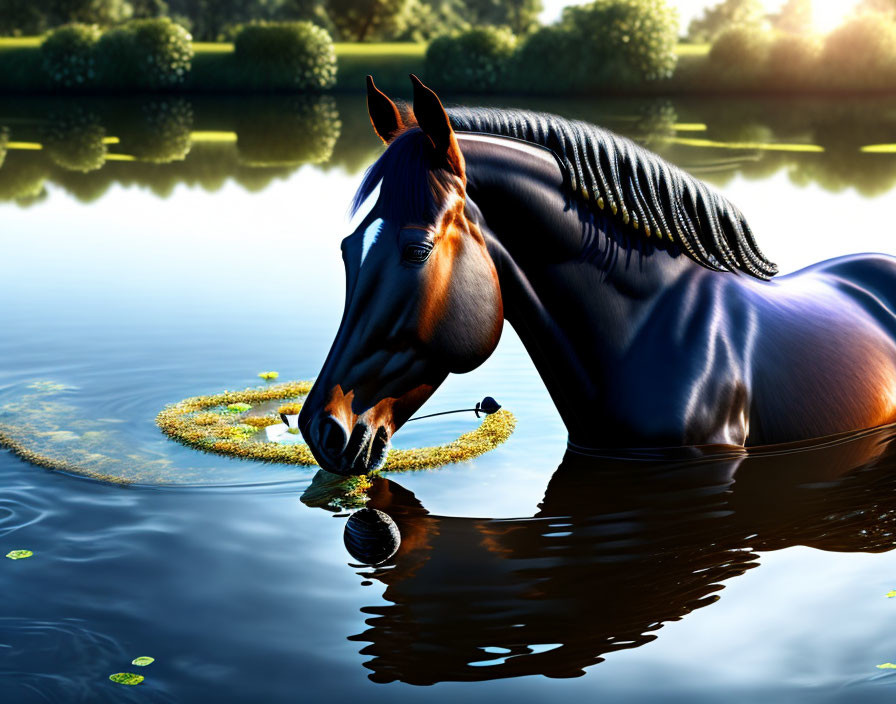 Majestic brown horse drinking water by calm lake with sunlight filtering through trees