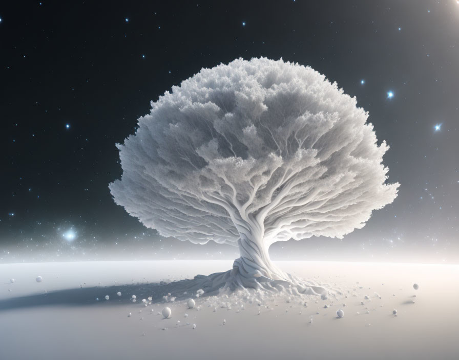 Snow-covered Landscape with Frosted Solitary Tree at Night