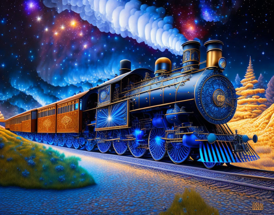 Fantastical train with glowing blue accents in snowy night landscape