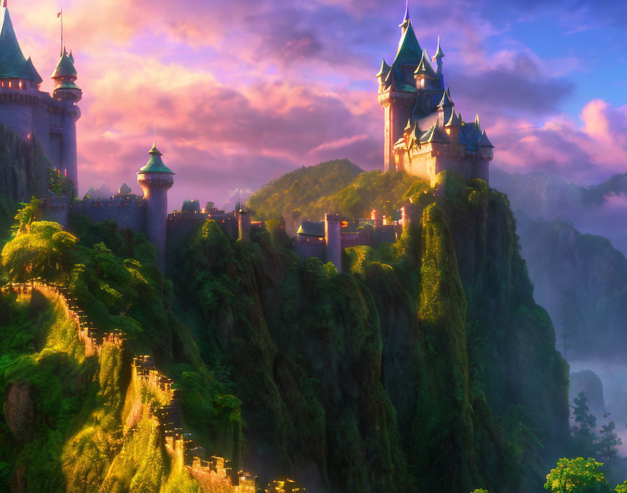 Majestic castle on green cliff with mist and sunrise light