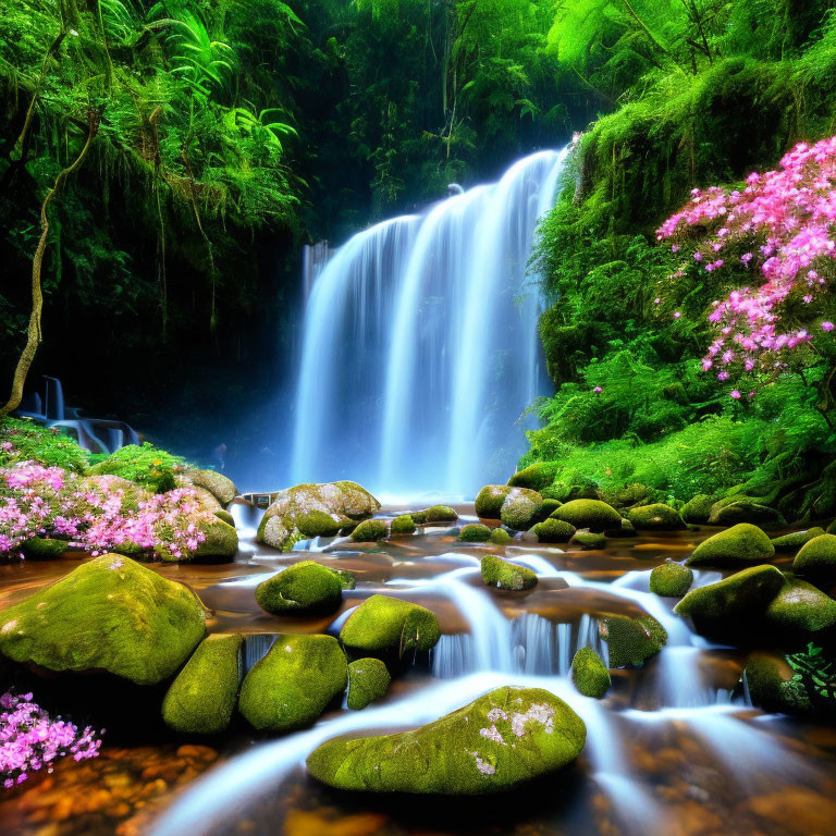 Tranquil waterfall in lush greenery with pink flowers