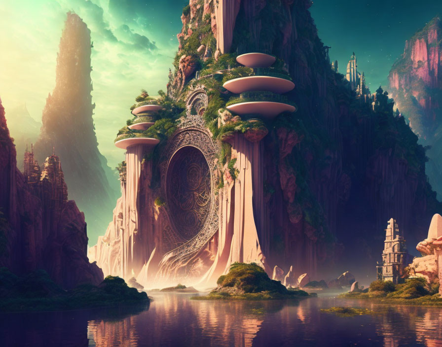 Majestic pink cliffs, waterfalls, and ornate structures in fantasy landscape