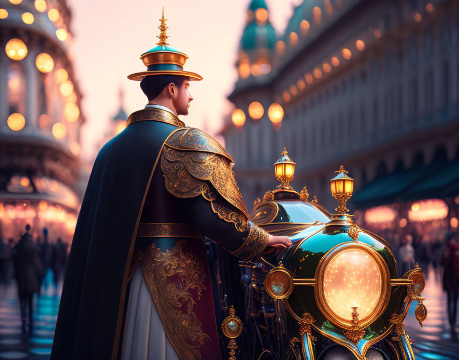 Man in ornate uniform beside vintage car in evening cityscape