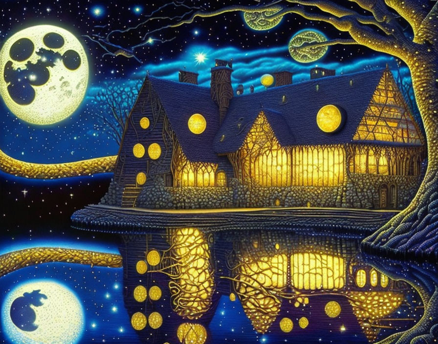 Whimsical glowing house floating in starry skies