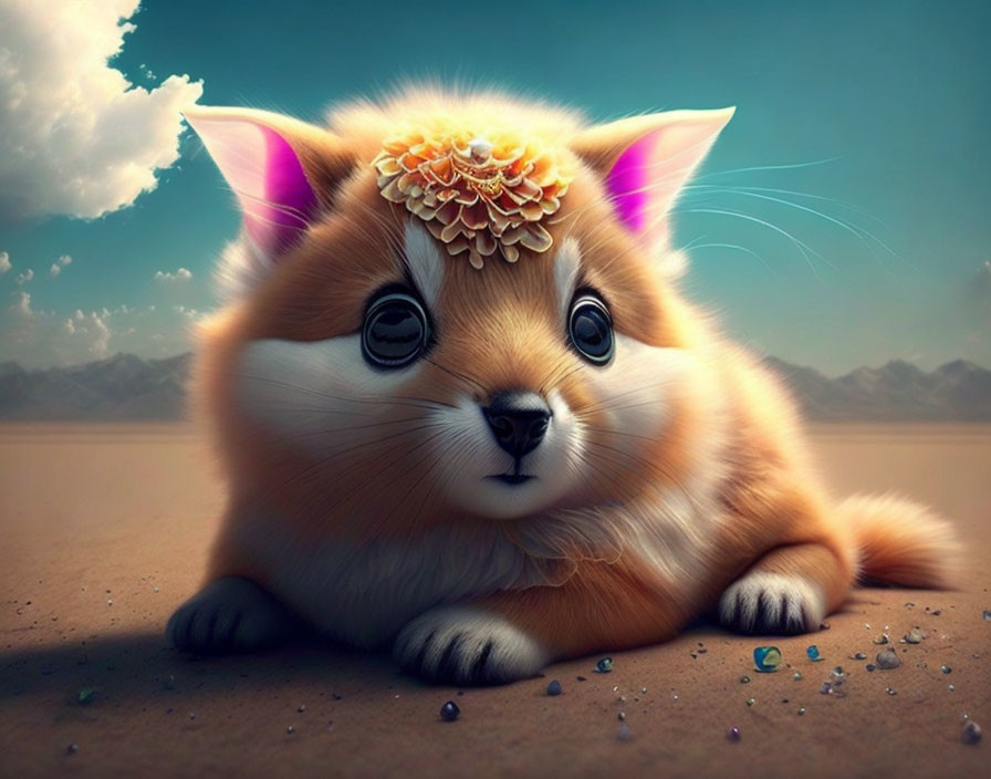 Corgi-bodied owl creature with flower, desert background