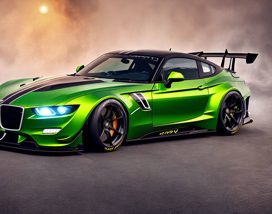 Vibrant Green Sports Car with Black Accents and Large Rear Wing parked under Warm Sky