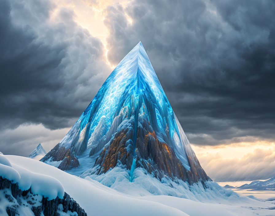 Glowing crystalline mountain peak in stormy sky landscape